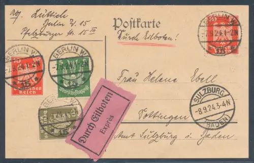 DR., Eilbote-Fernkarte von 1924 mit Ak.-St.