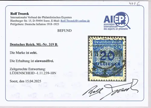 DR. Mi.-Nr. 319 B  gestempelt, Befund Tworek