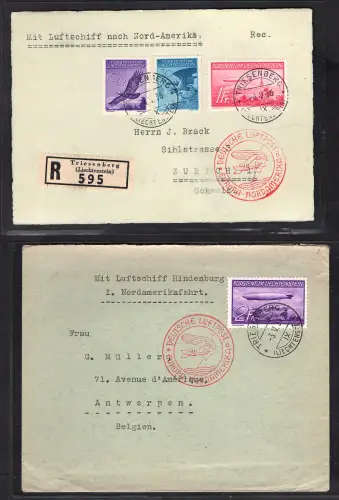 Liechtenstein Mi.-Nr. 149 + 150 auf Zeppelin Brief/Karte LZ 129.