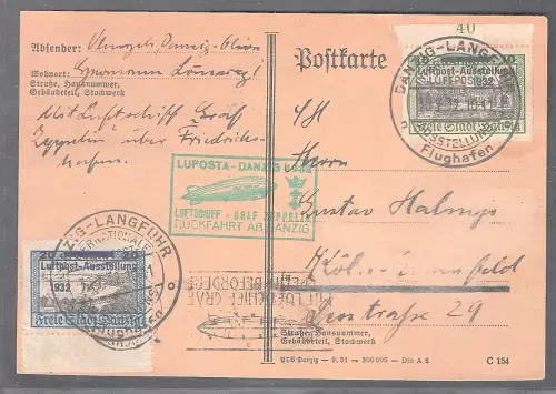 Zeppelin-Karte, Luposta Danzig 1932 Rückfahrt mit Mi.-Nr: 231-235