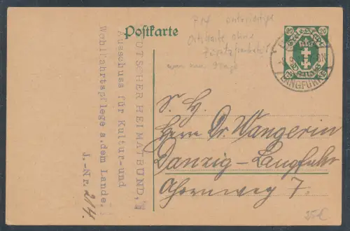 Danzig, Ganzsache Mi.-Nr. P 14 als Ortskarte gelaufen.