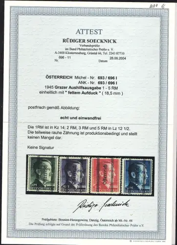ÖSTERREICH Grazer Aufdr. 693-696 I tadellos postfrisch Attest Soecknick.
