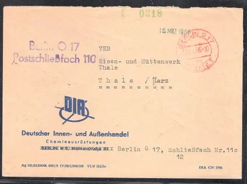 DDR. ZKD-Brief : Vorläufer mit rotem Stempel "ag" vom 15.3.56