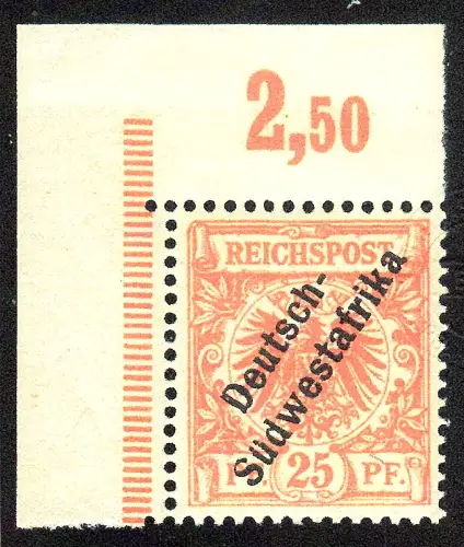 DSWA. Mi.-Nr. 9 b postfrisch Linke obere Bogenecke, FA. Jäschke-LBPP.