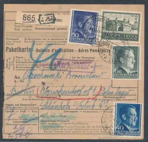 GG. Paketkarte nach Berlin Reinickendorf Polen Lager.