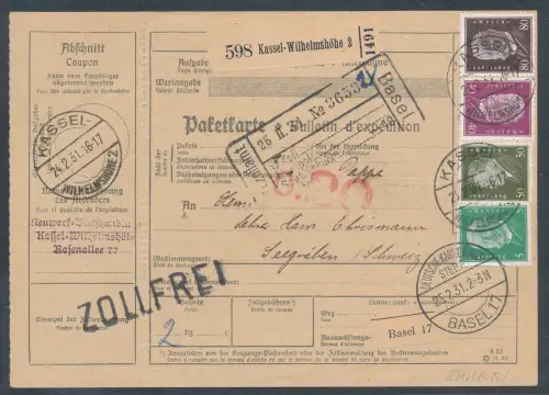 DR.  Ausland Paketkarte 4 Farben-Frankatur mit Mi.-Nr. 411, 417-418, 422.