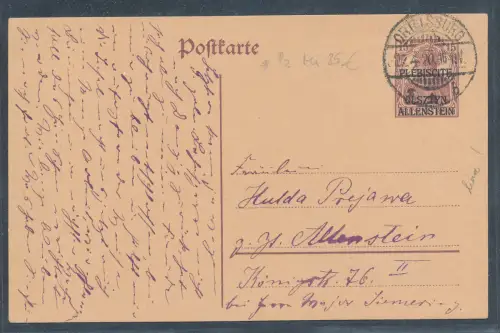 Allenstein Ganzsache Mi.-Nr.  P 2 gelaufen.