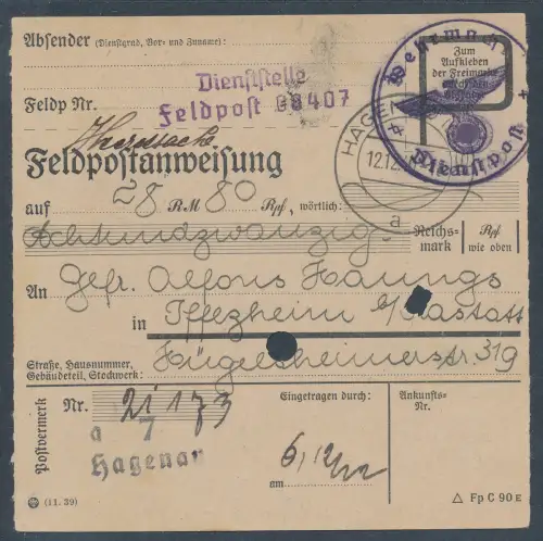 DR. Feldpostanweisung 1940
