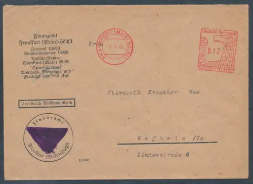 DR. Finanzamtbrief mit AFS. 1945 aus Frankfurt am Main