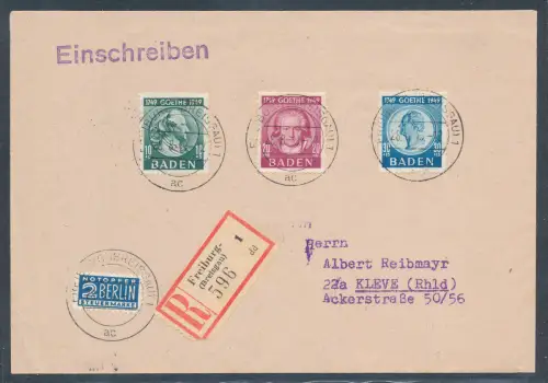 Fr.-Zone  Baden Mi.-Nr. 47-49 auf R-Fernbrief, portorichtig mit Ak.-St.