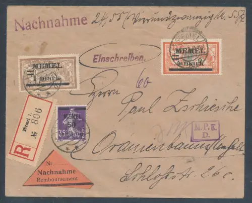 Memel Mi.F. Mi.-Nr. 23,26,31 auf NN.-R.-Fernbrief gelaufenmit Ak.-St.