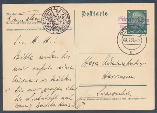 DR.  Ganzsache Mi.-Nr. P 218 als Fernkarte aus Schwaroschin/Dirschau gelaufen