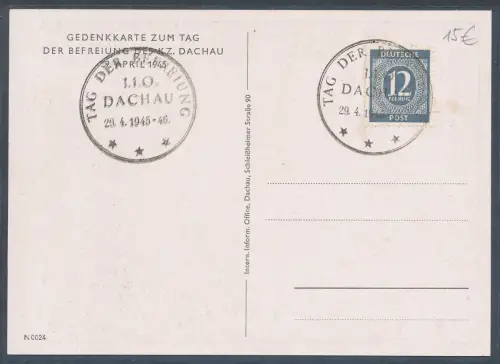 Gedenkkarte zum Tag der Befreiung Dachau, 1945-1946, Sonderstempel