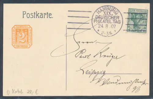 DR. Sonderkarte mit Sonder.-St. Hamburg XIX Deutscher Philatel. Tag 1907