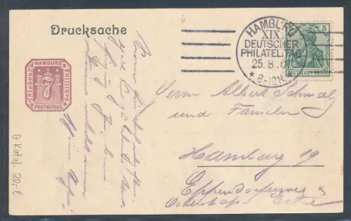 DR. Sonderkarte mit Sonder.-St. Hamburg XIX Deutscher Philatel. Tag 1907
