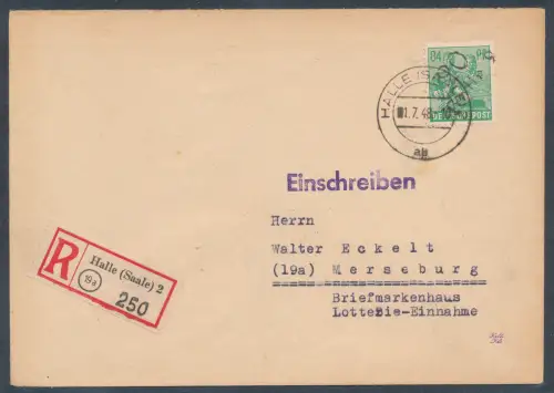 SBZ, Handstempel Bezirk 20 mit EF. Mi.-Nr. 181 als R.-Fernbrief gelaufen.
