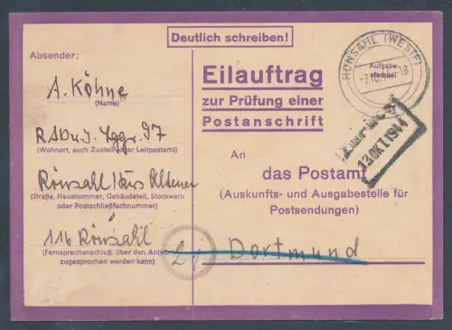 DR. Rönsahl 7.10.44 Eilauftrag zur Prüfung einer Postanschrift