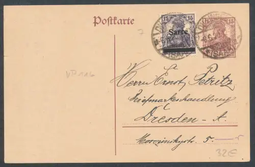 DR./Saar Ganzsache VP116 + Saar Mi.-Nr. 7 nach Dresden gelaufen