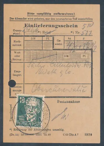 SBZ. Mi.-Nr. 215 EF. auf Einlieferungsschein.