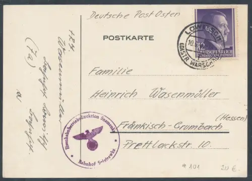 GG. Mi.-Nr. 101 EF. auf Fernkarte gelaufen, zensiert.