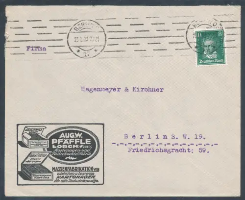 DR. Reklame-Brief, Kartonage  Aug. W. Pfäffle Lorch