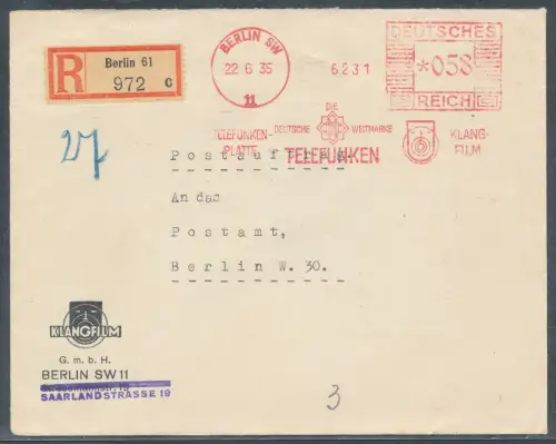DR. Reklame-Brief, Klangfilm Berlin als R.-Ortsbrief mit AFS/Telefunken gelaufen