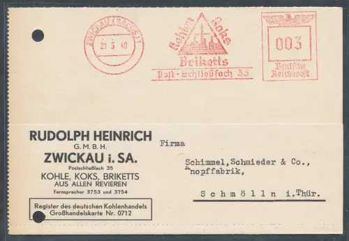 DR. Reklame-Karte, Kohle, Koks, Briketts Rudolph Heinrich Zwickau mit AFS.