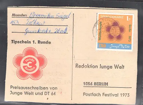  DDR Spendenmarke 1 auf Tipschein gestempelt, Mi. 90 €.