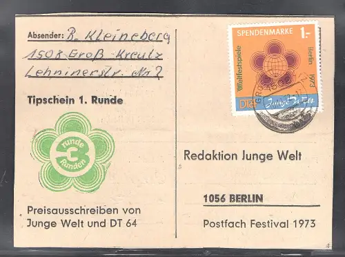  DDR Spendenmarke 1 auf Tipschein gestempelt, Mi. 90 €.