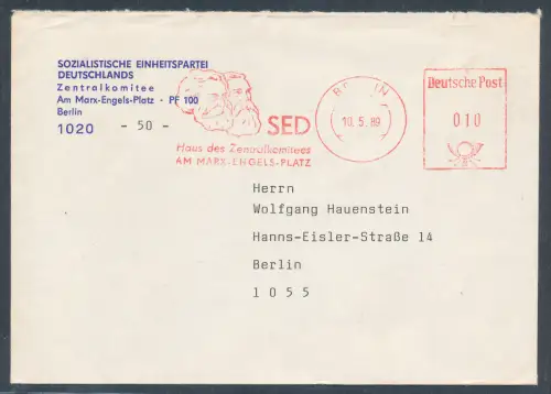 DDR. Orts-Brief  Von SED Zentralkomitee mit AFS. 
