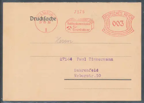 DR. Kohle Bestellkarte aus Hamburg mit AFS. Kohlekommission für Eisenbahner