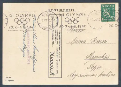 Finnland 1939. XII OLYMPIA 20.7.-4.8. 1940. HELSINKI HELSINGFORS 13.VII 39.