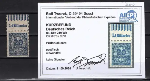 DR., Mi.-Nr. 319 Wb OR. 0´6´0 / 0´7´0 postfrisch. KB. Tworek.