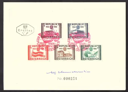 Österreich, Gedenkkarte/FDC. 10 Jahre Republik Mi.-Nr. 1012-1016 mit Autogramm.