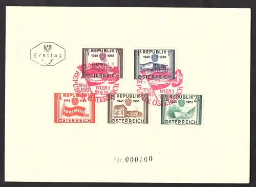 Österreich, Gedenkkarte/FDC. 10 Jahre Republik Mi.-Nr. 1012-1016.