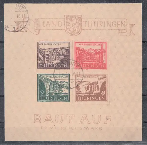 SBZ, Thüringen., Mi.-Nr. Block 4 a yy (I/I), gestempelt, FA. Dr. JaschBPP.