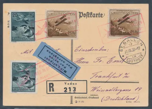 Liechtenstein, R.-Luftpostkarte mit Mi.F. Mi.-Nr. 109+110 mit Ak.-St.