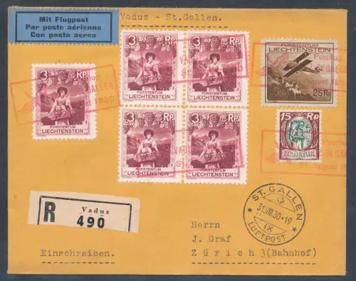 Liechtenstein, R.-Luftpostbrief mit Mi.F. Mi.-Nr. 5 x 94 + 110