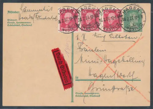 DR. Ganzsache P170 + Mi.-Nr. 390 als Eilbotekarte gelaufen.