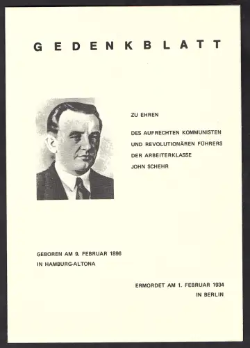 DDR - Gedenkblatt, zu Ehren John Schehr B1-1978