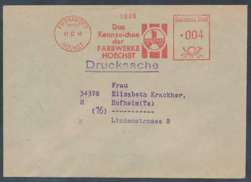 Bund Fernbrief Farbwerke Hoechst mit AFS.