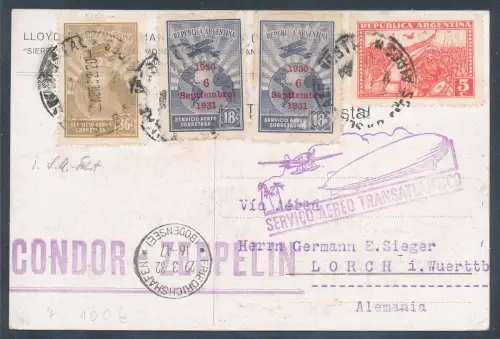 Zeppelin-Karte Südamerikafahrt 1932 vo Argentinische Post Si. 140 I