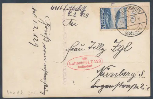 Zeppelin-Karte LZ 129 1936 mit EF. Mi.-Nr. 606 OR. Si. 401 Ab.