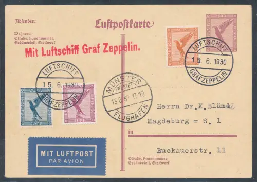 Zeppelin-Karte LZ 127 1930 Ganzsache P 168 u.a  nach Münster Bordpost