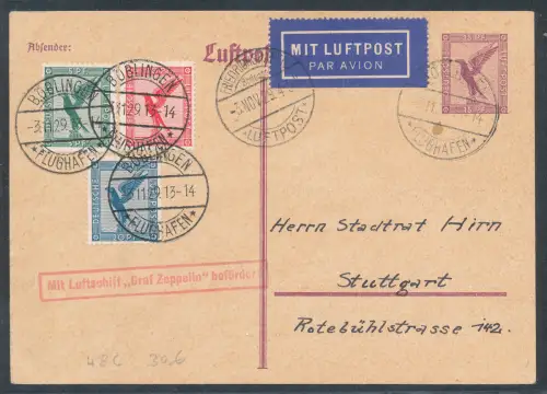 Zeppelin-Karte LZ 127 1929 Ganzsache P 168 u.a  Fahrt Nach Böblingen Si. 48 C
