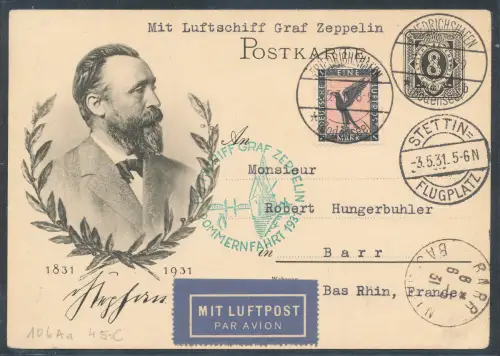 Zeppelin-Karte LZ 127 1931 Ganzsache P 211 u.a  Pommernfahrt Si. 106 Aa