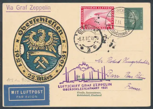Zeppelin-Karte LZ 127 1931 Ganzsache P 190 u.a  Oberschlesienfahrt Si. 115 Aa