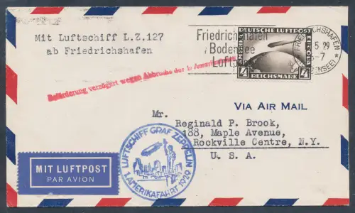 Zeppelin-Brief  LZ 127 1929 mit EF. Mi.-Nr. 424 Amerikafahrt Si. 26  A.