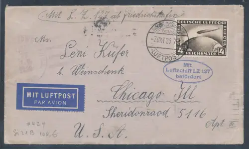 Zeppelin-Brief  LZ 127 1928 mit EF. Mi.-Nr. 424 Amerikafahrt  Si. 21 B.