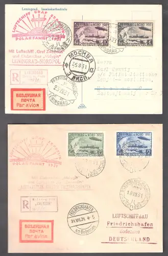 Soviet Union, Zeppelin-Brief, Polarfahrt 1931 Mi.-Nr. 402-405 B auf 2 Belegen.